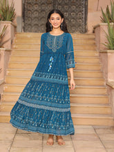 The Dholitaro Blue Ethnic Motif Printed Georgette Tiered Dress With Sequins & Doris At Waist-J4620BLUE